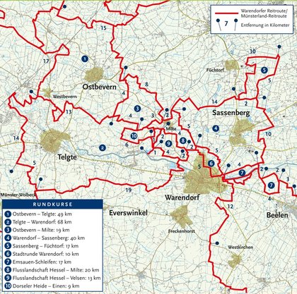 Karte Münsterland Reitroute Abschnitt Warendorf